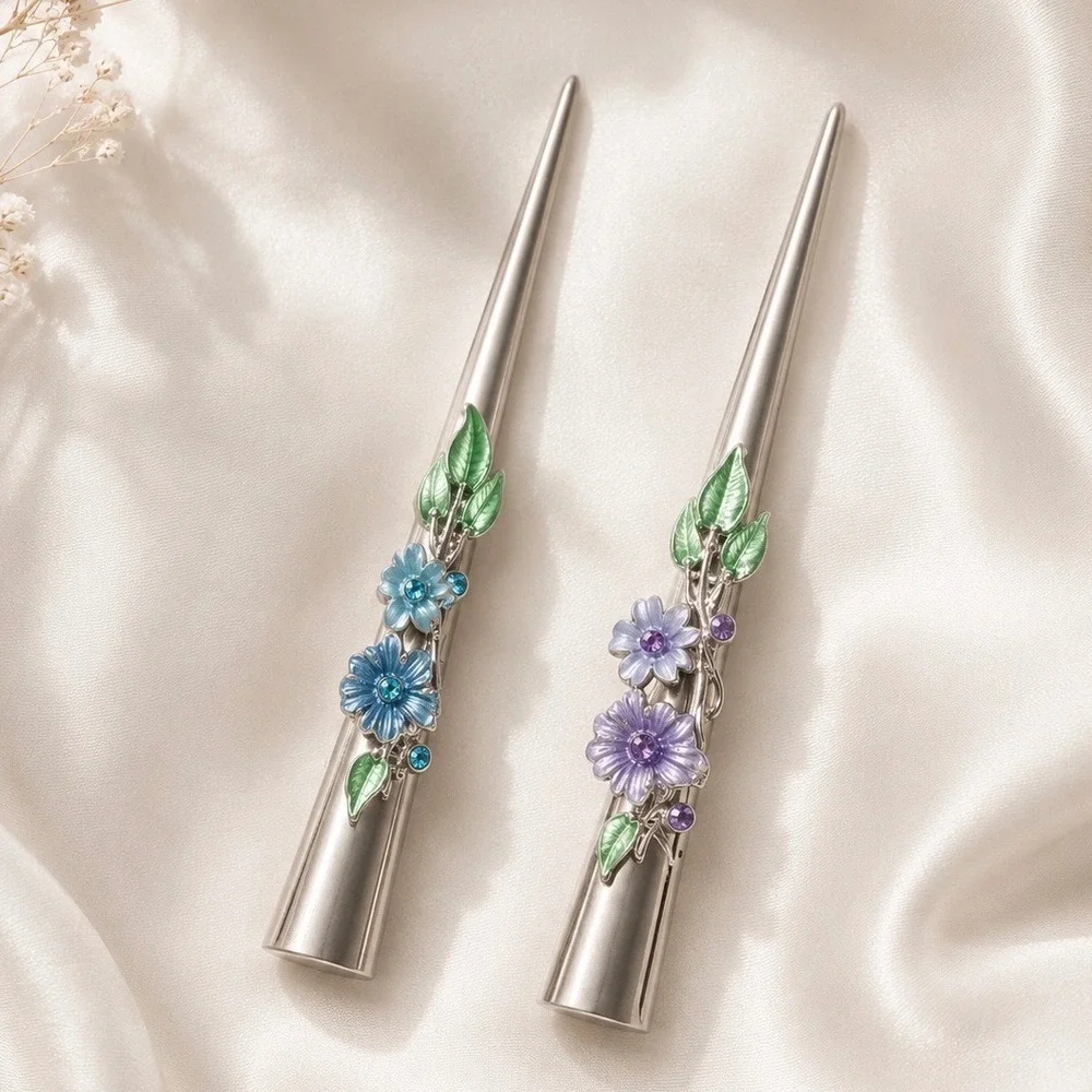 2 PC Set Floral Enamel Alligator Hair Clips Rhinestone Blue Purple Silver Tone